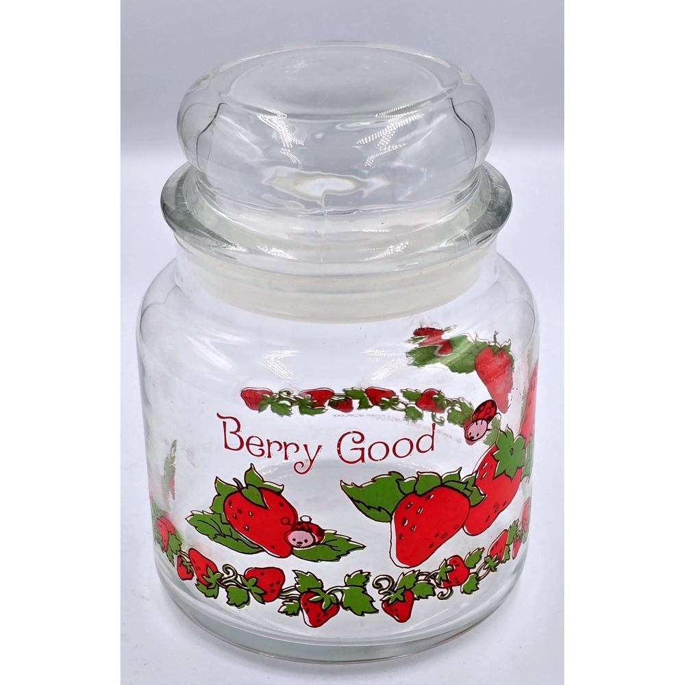 Vintage Strawberry Shortcake American Greetings Berry Good 5.5" Glass Jar w/ Lid